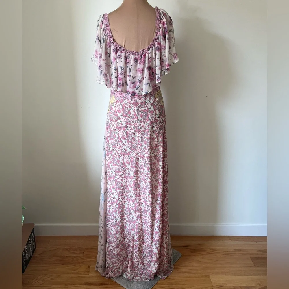 LoveShackFancy Evelyn Pink Multi Floral Maxi Silk Off the Shoulder Dress EUC 6 - Picture 6 of 11